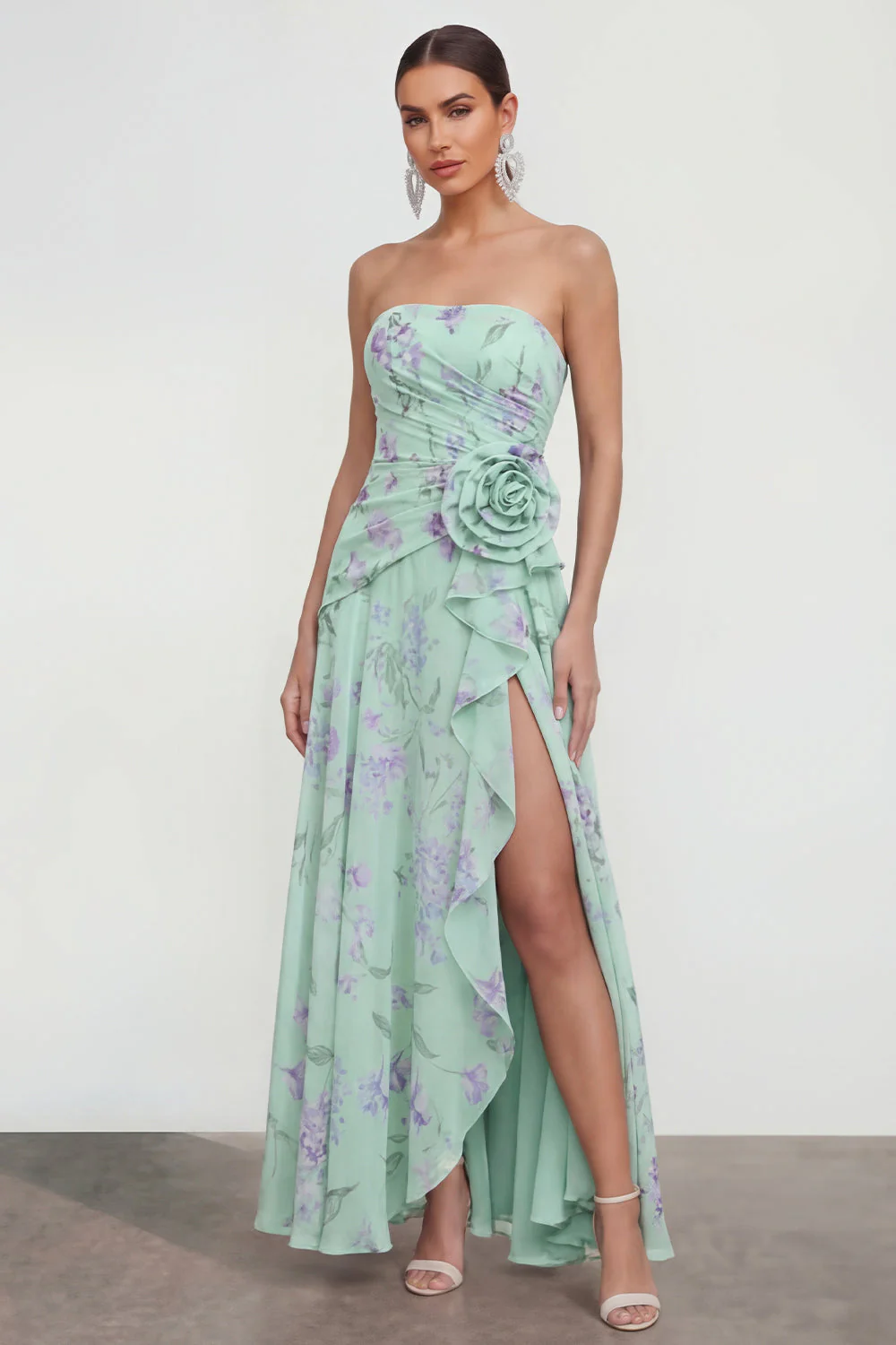 Strapless Blue A-Line 3D Flower Ruffled Floral Dress with Slit - Image 5