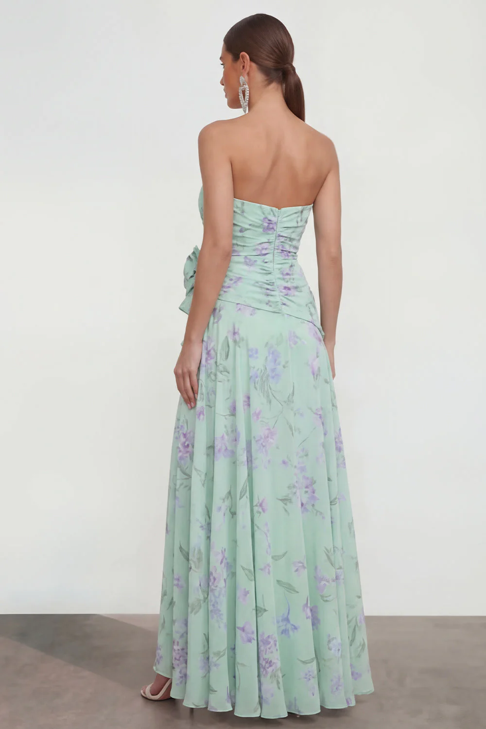 Strapless Blue A-Line 3D Flower Ruffled Floral Dress with Slit - Image 6