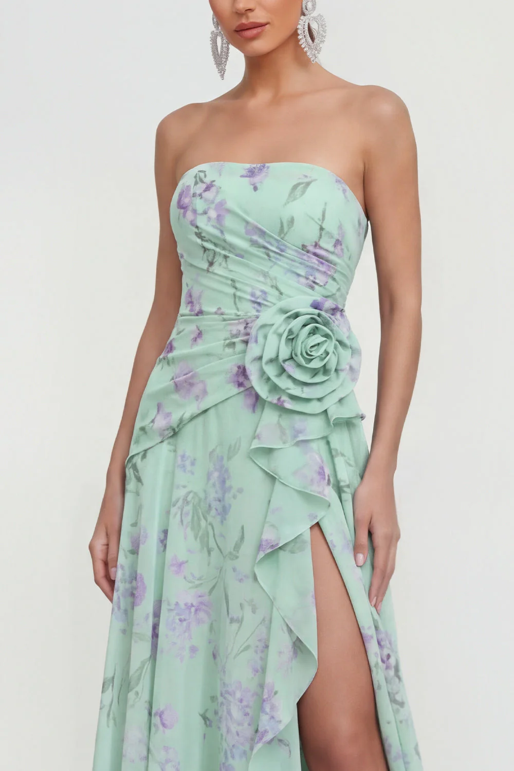 Strapless Blue A-Line 3D Flower Ruffled Floral Dress with Slit - Image 7