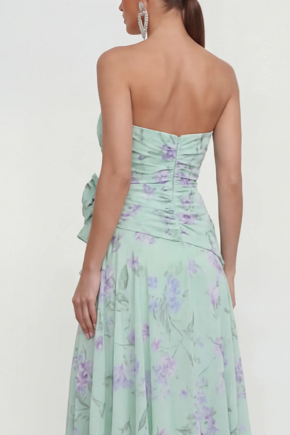 Strapless Blue A-Line 3D Flower Ruffled Floral Dress with Slit - Image 8