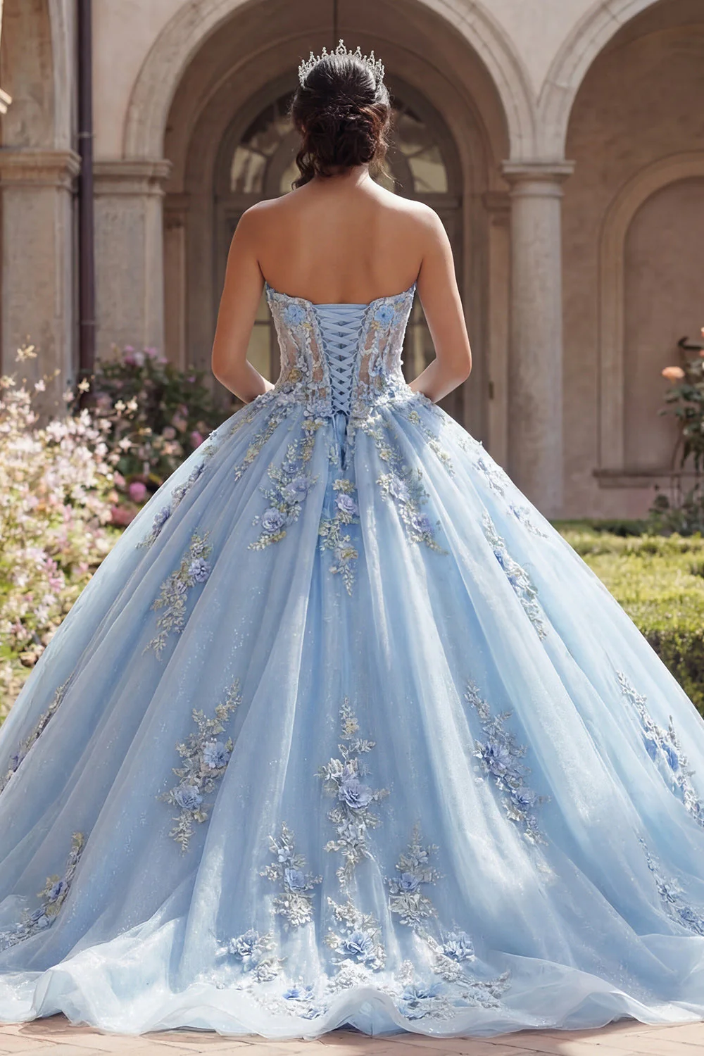 Strapless Blue Corset Appliqued Ball Gown Quinceanera Dress - Image 2