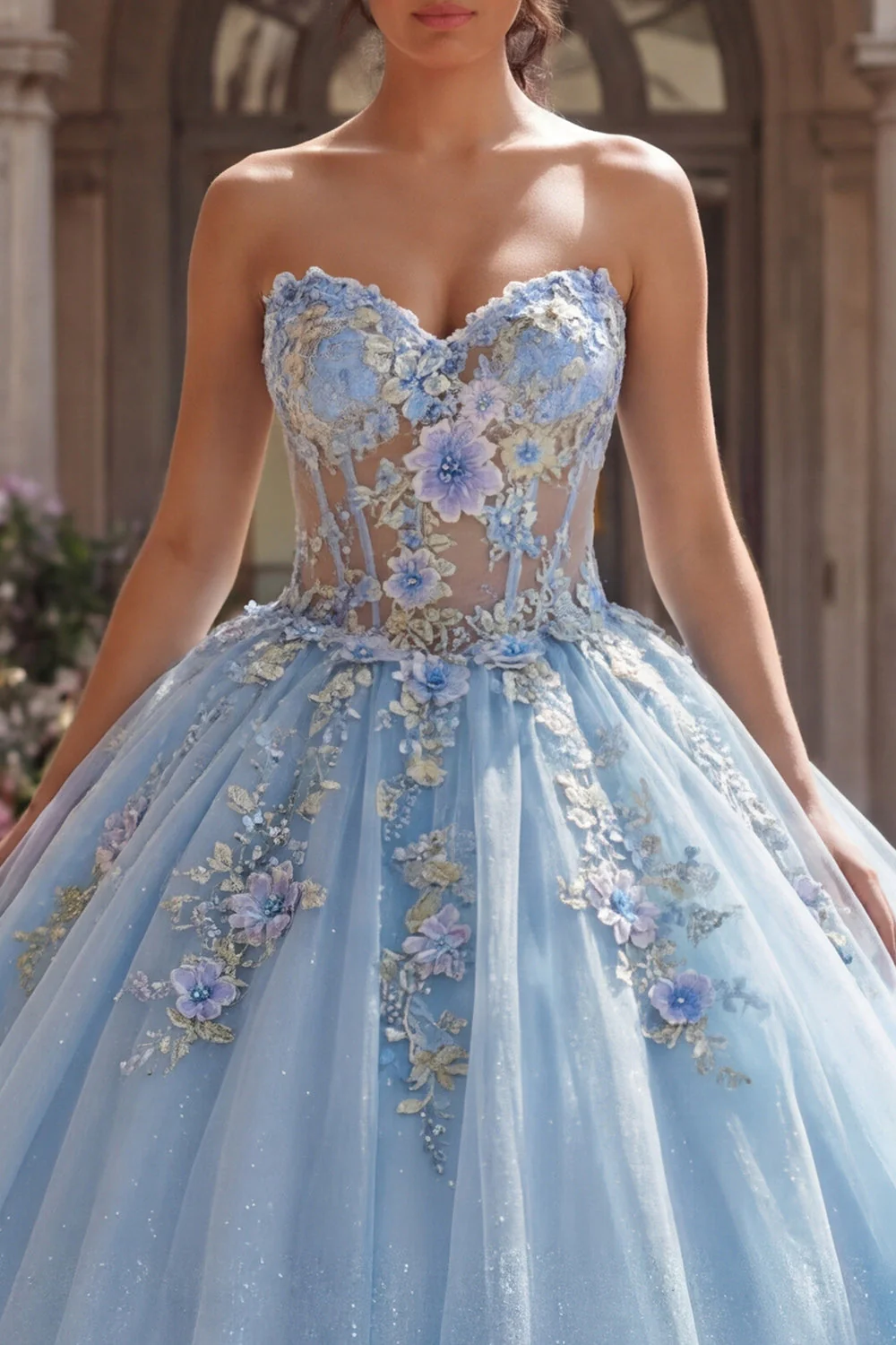 Strapless Blue Corset Appliqued Ball Gown Quinceanera Dress - Image 3