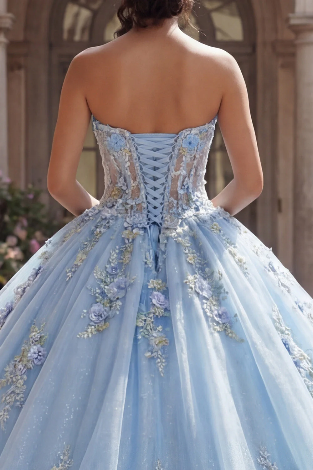 Strapless Blue Corset Appliqued Ball Gown Quinceanera Dress - Image 4