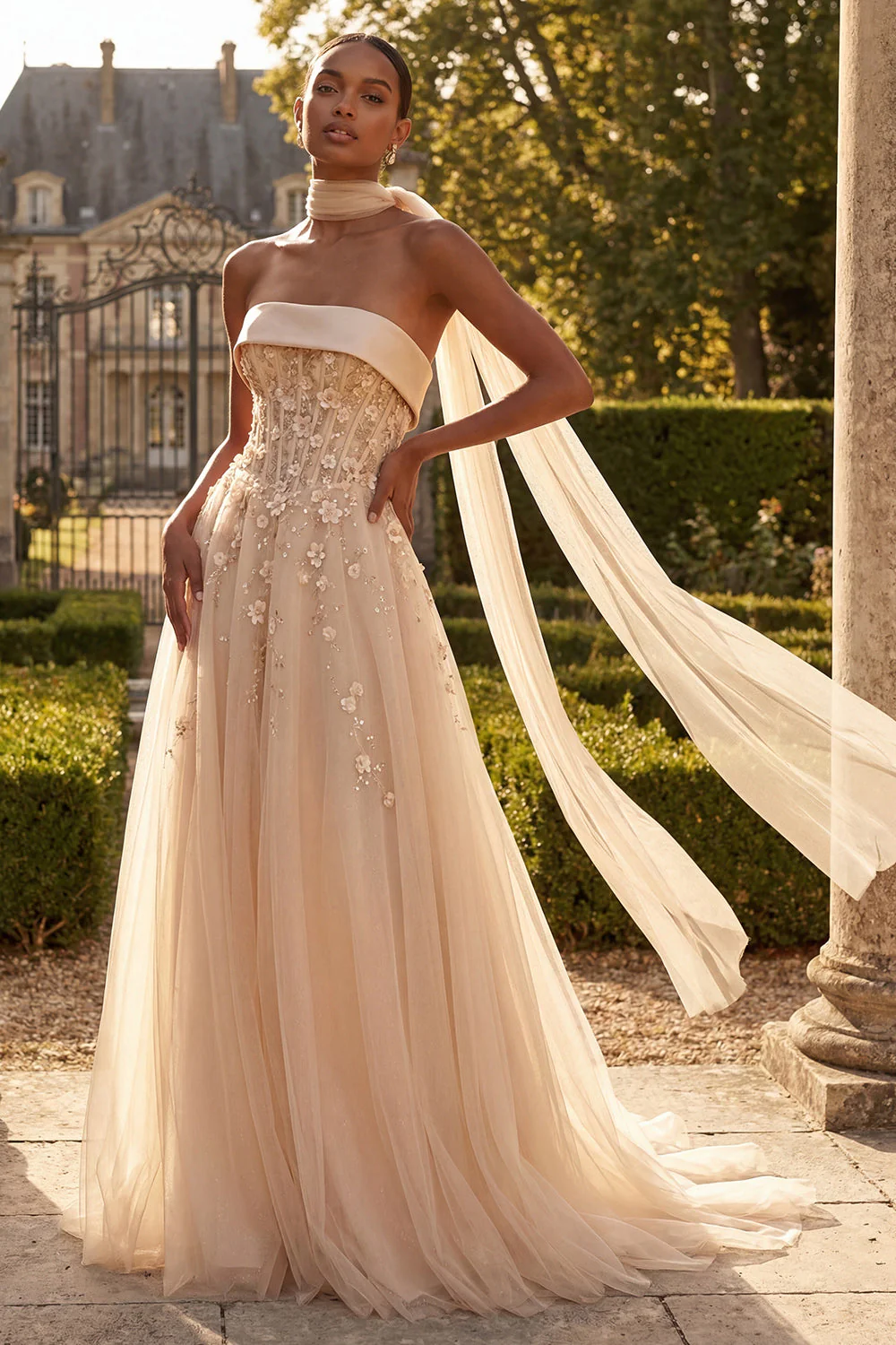 Strapless Blush Corset A Line 3D Flowers Long Tulle Prom Dress with a Neck Scarf