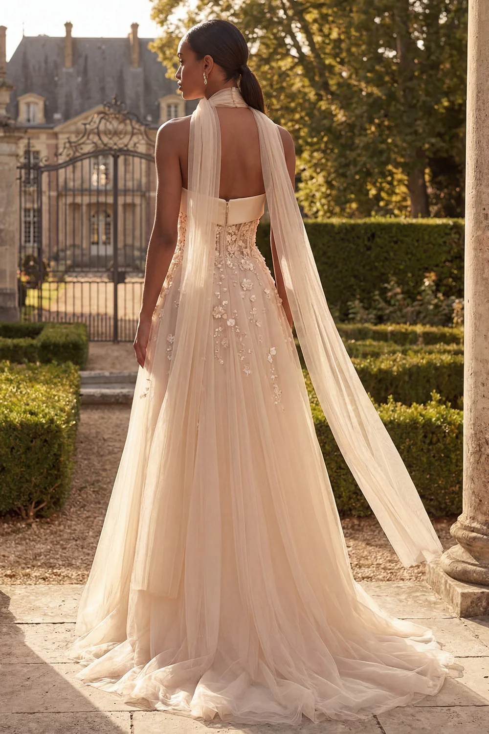 Strapless Blush Corset A Line 3D Flowers Long Tulle Prom Dress with a Neck Scarf - Image 2