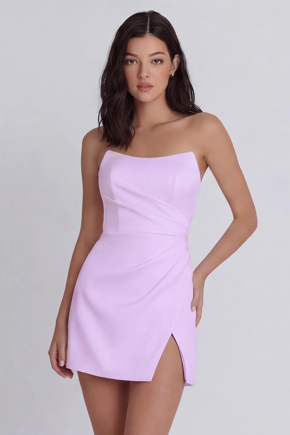 Strapless Bodycon Ruched White Graduation Dress with Slit - Image 11