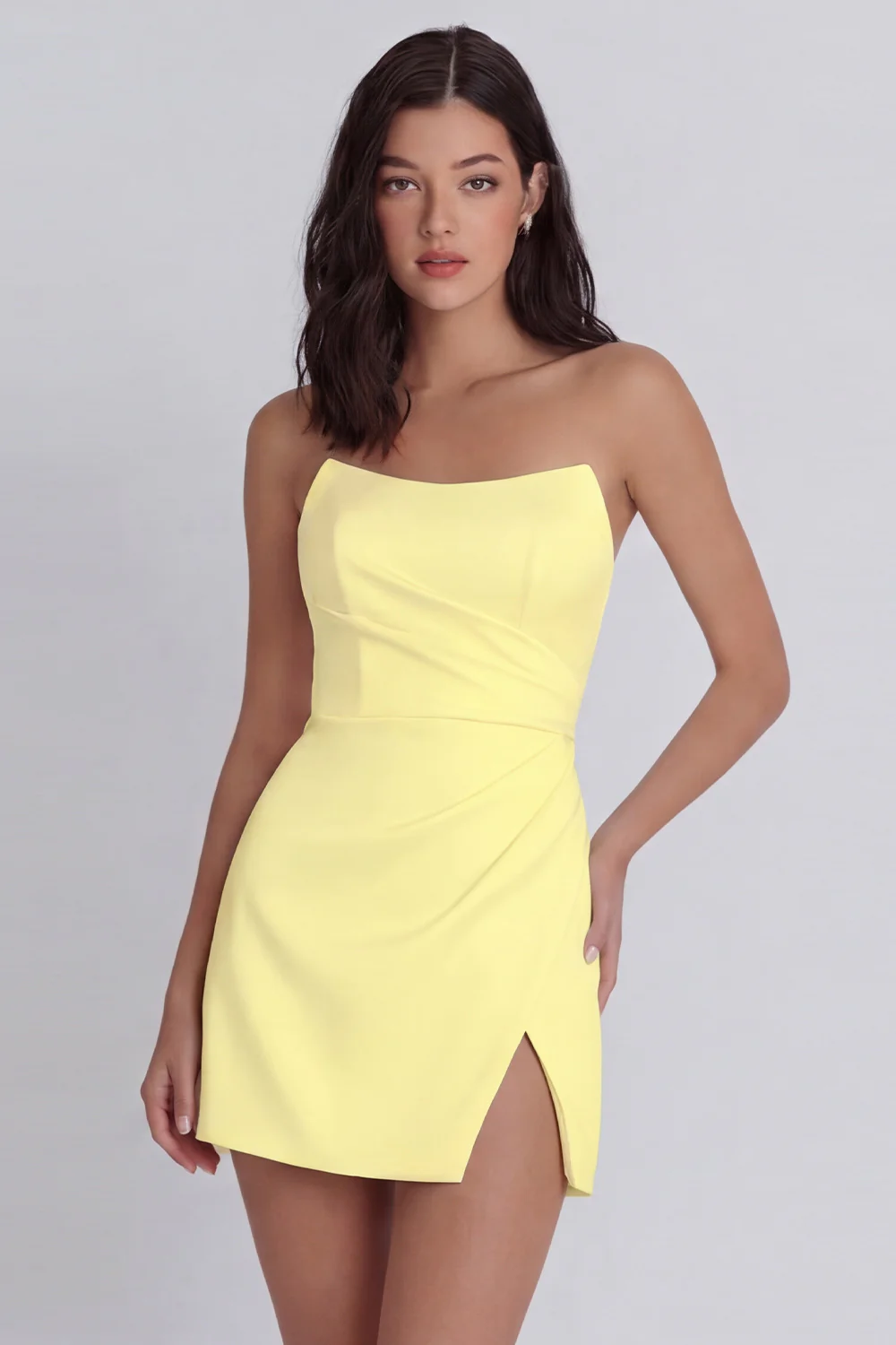 Strapless Bodycon Ruched White Graduation Dress with Slit - Image 5
