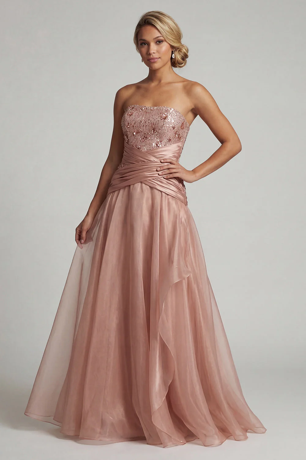 Strapless Dusty Rose Pleated Long A Line Mother of the Bride Dress with Sequins