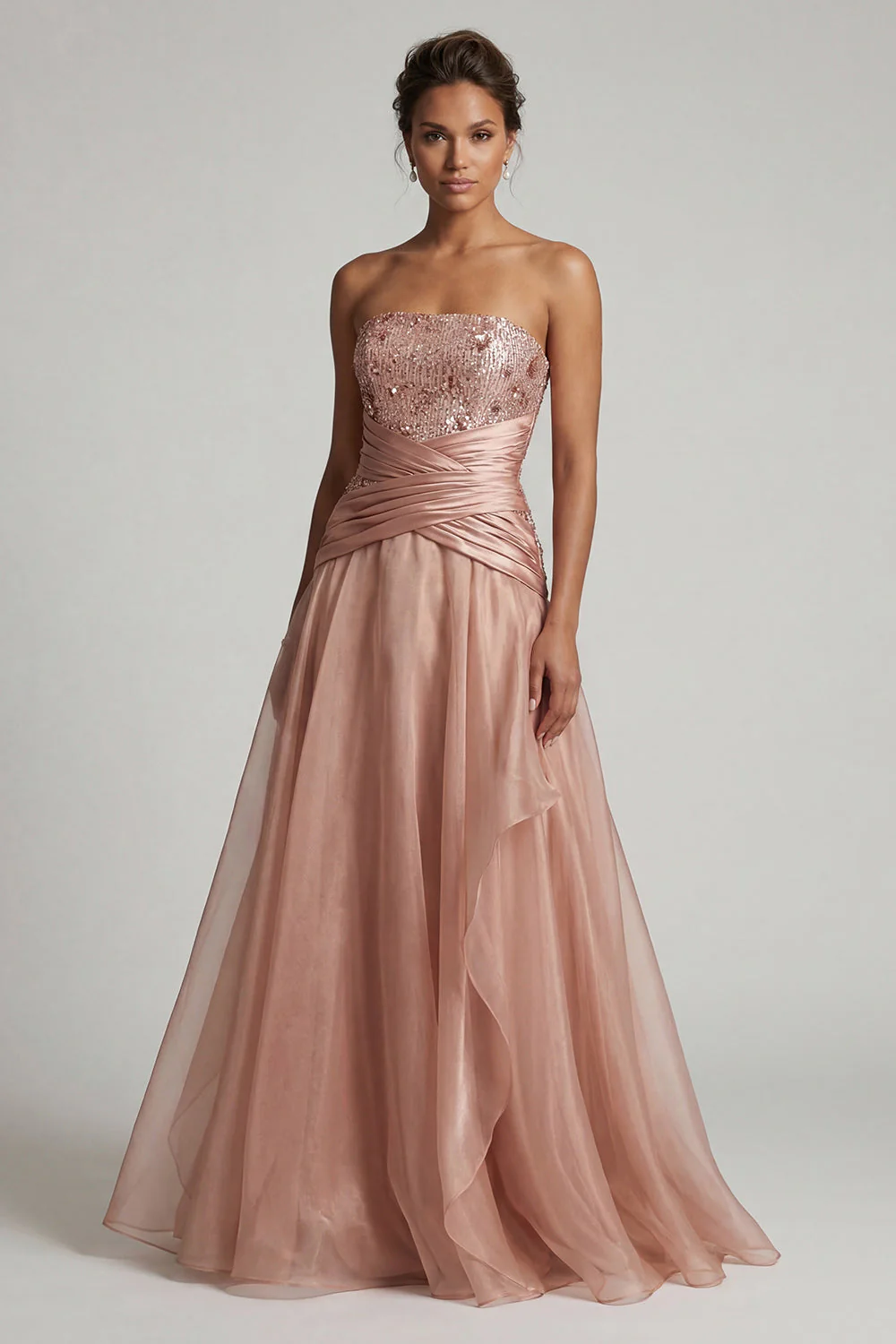 Strapless Dusty Rose Pleated Long A Line Mother of the Bride Dress with Sequins - Image 3