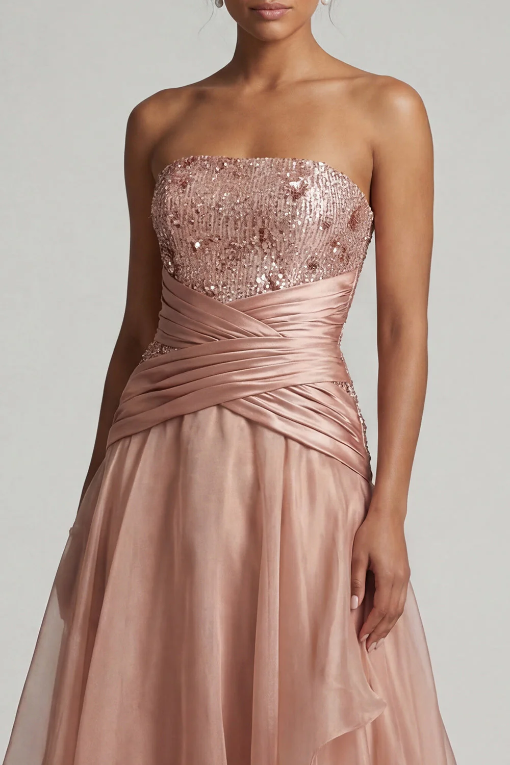 Strapless Dusty Rose Pleated Long A Line Mother of the Bride Dress with Sequins - Image 4