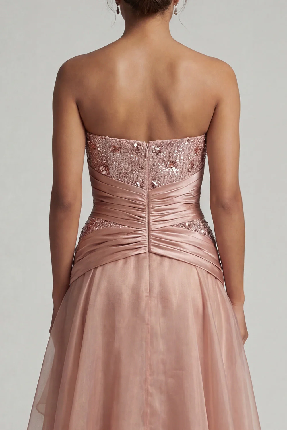 Strapless Dusty Rose Pleated Long A Line Mother of the Bride Dress with Sequins - Image 5
