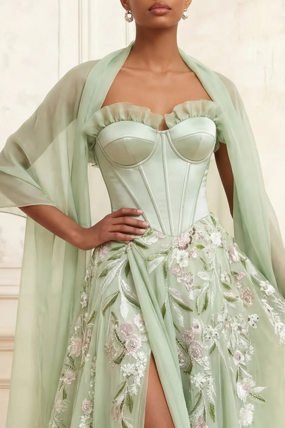 Strapless Dusty Sage A-Line Sequins Corset Long Prom Dress with Slit - Image 3
