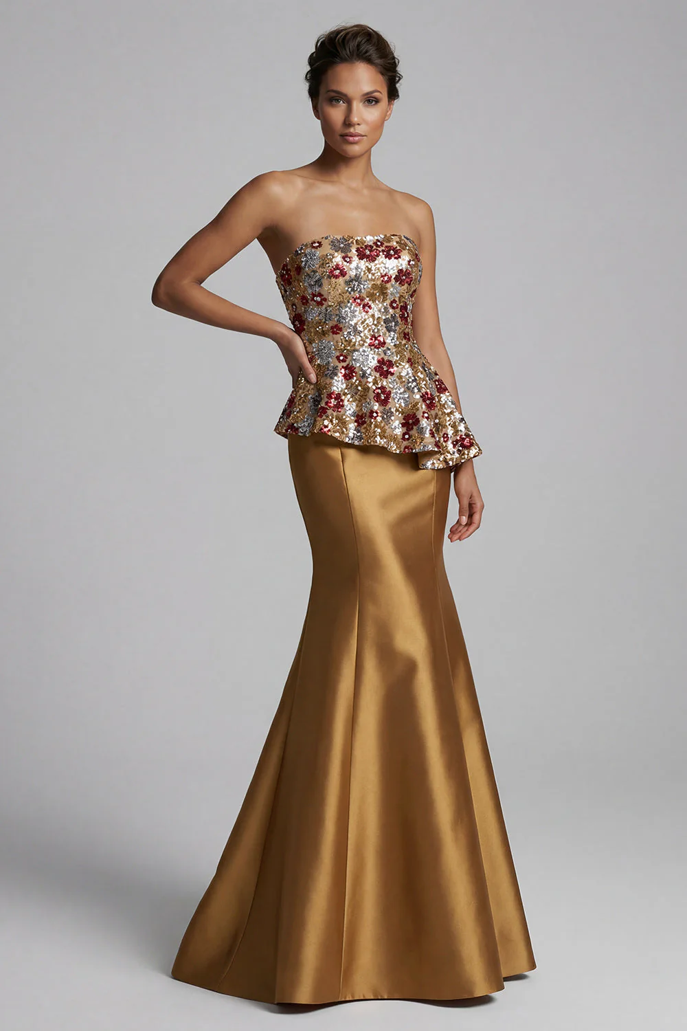 Strapless Mermaid Gold Floral Long Mother of the Bride Dress with Sequins