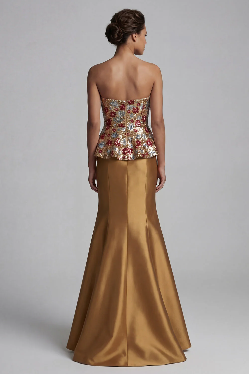 Strapless Mermaid Gold Floral Long Mother of the Bride Dress with Sequins - Image 2