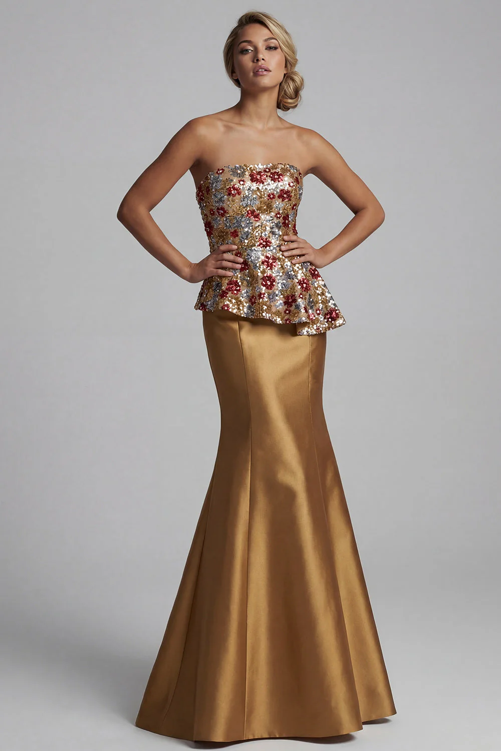 Strapless Mermaid Gold Floral Long Mother of the Bride Dress with Sequins - Image 3