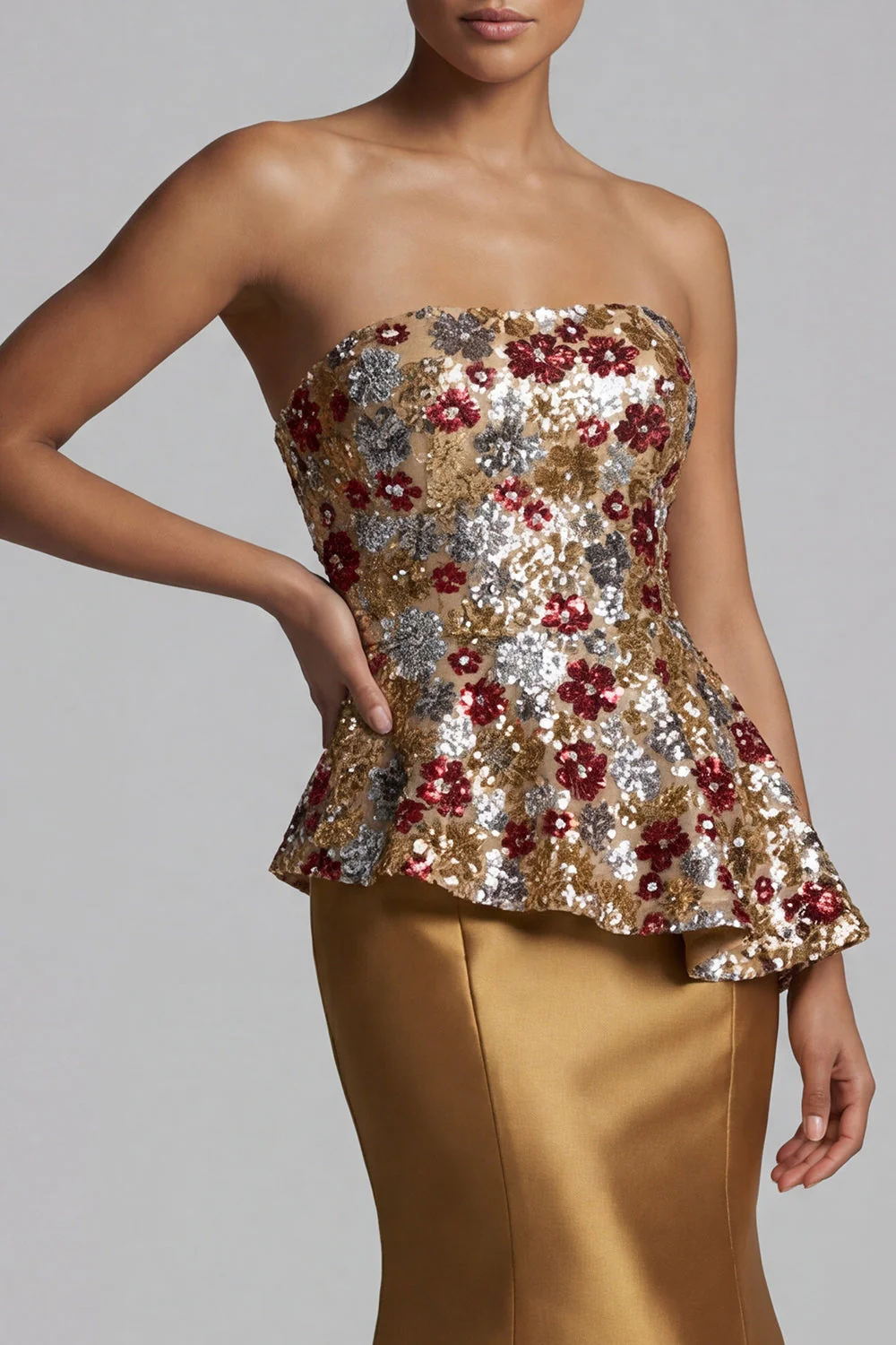 Strapless Mermaid Gold Floral Long Mother of the Bride Dress with Sequins - Image 4