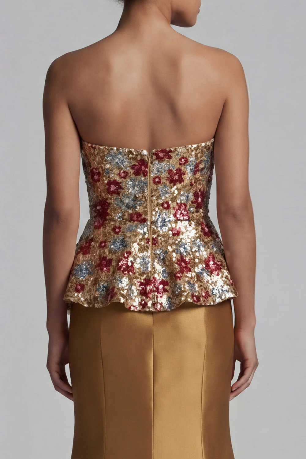 Strapless Mermaid Gold Floral Long Mother of the Bride Dress with Sequins - Image 5