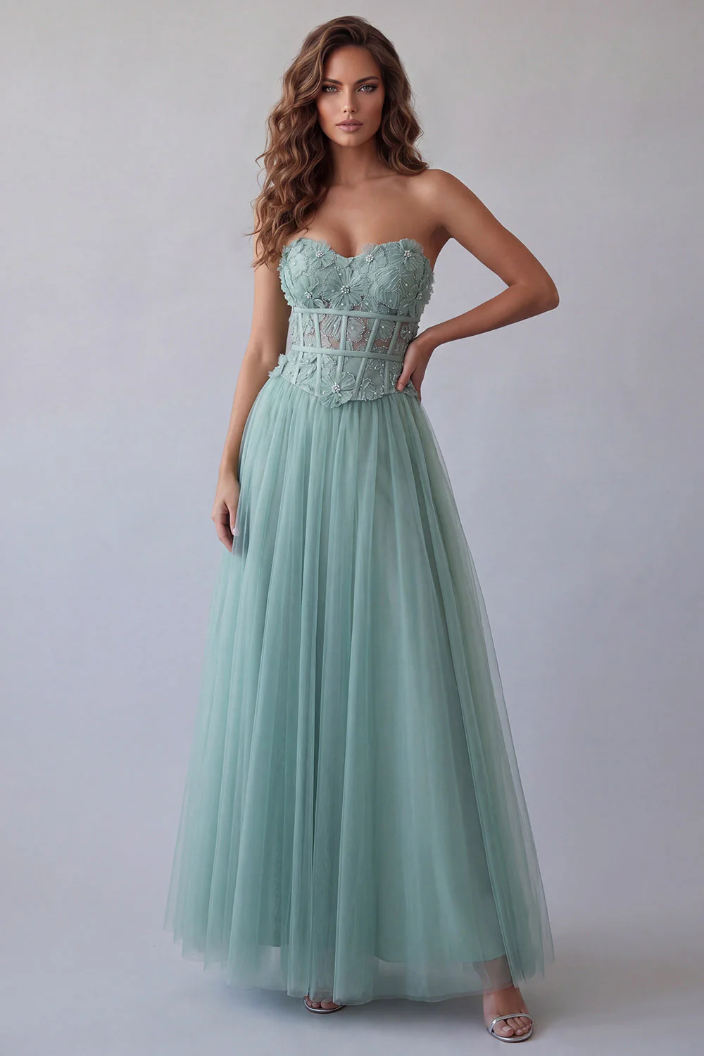 Sweetheart Green Corset A Line Maxi Dress with Lace Up Back
