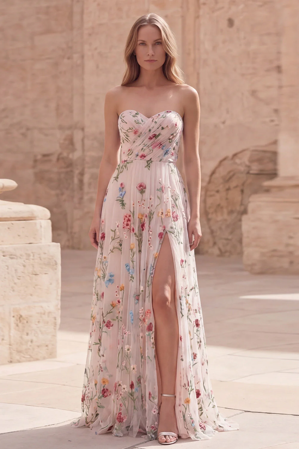 Ivory Floral Strapless A Line Embroidered Long Prom Dress with Slit