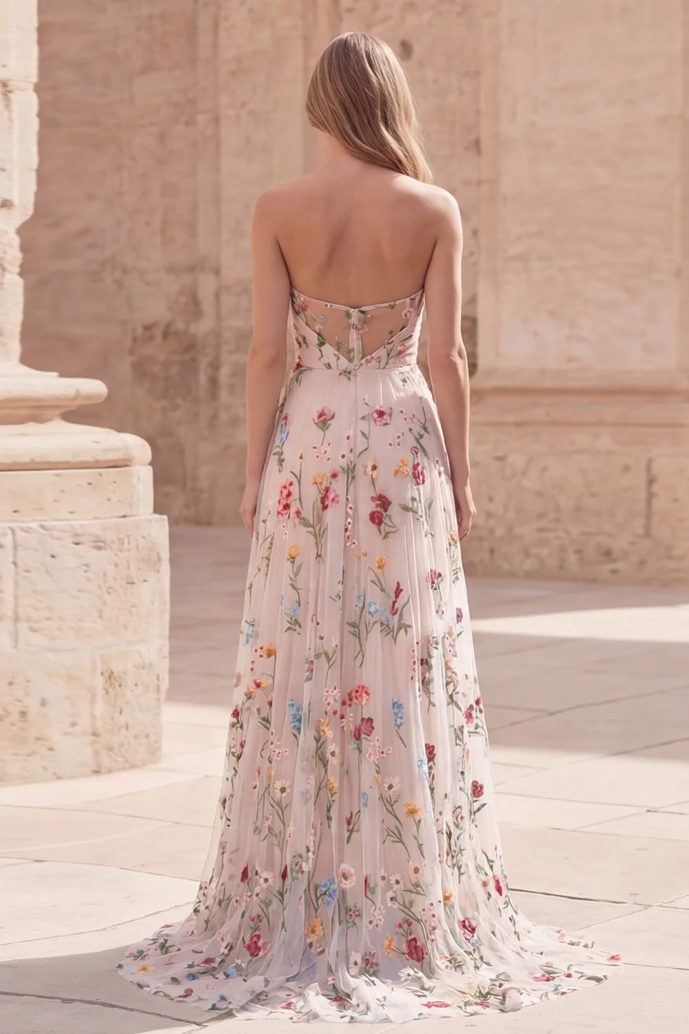 Ivory Floral Strapless A Line Embroidered Long Prom Dress with Slit - Image 2
