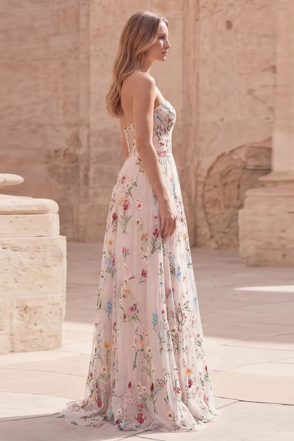 Ivory Floral Strapless A Line Embroidered Long Prom Dress with Slit - Image 3