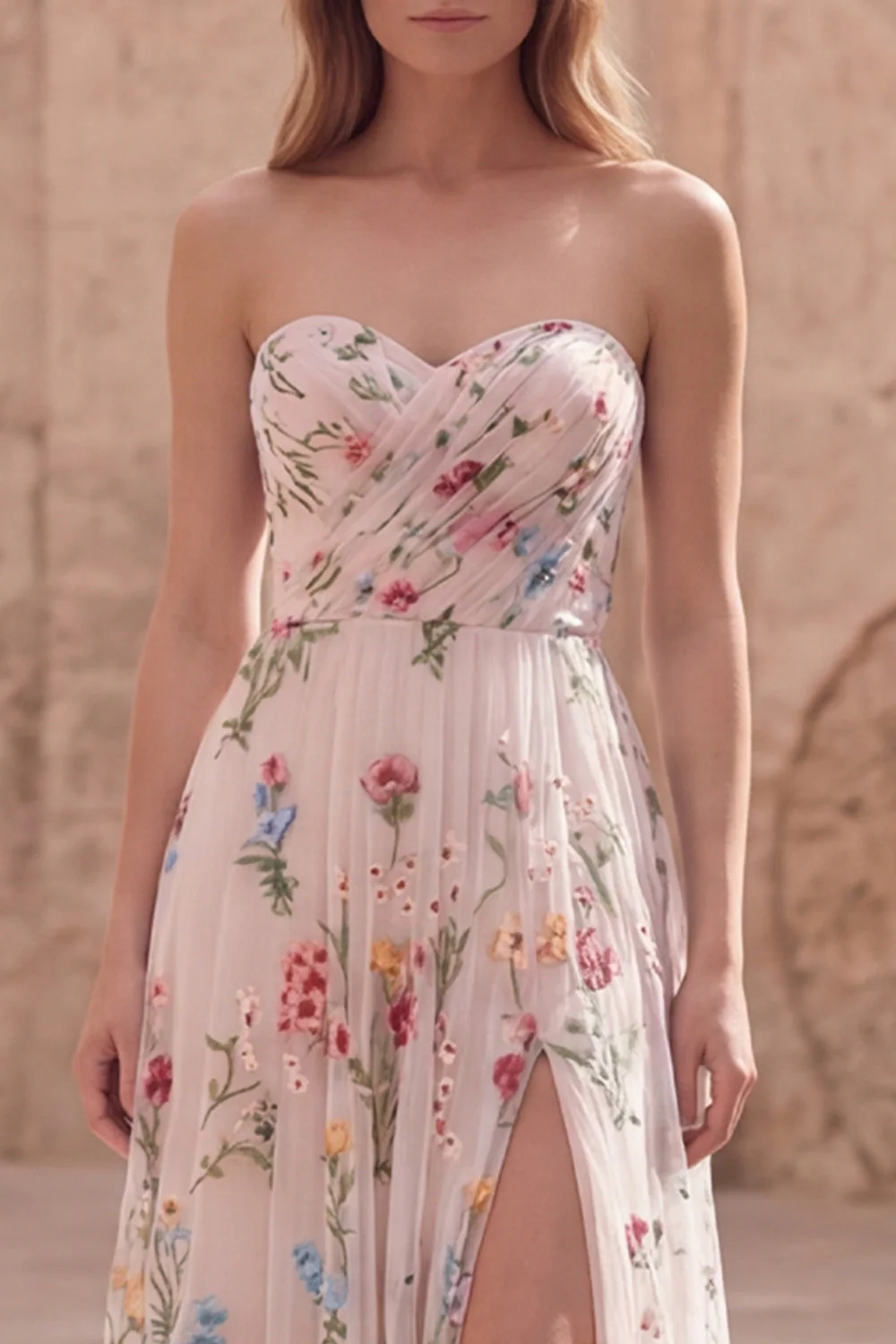 Ivory Floral Strapless A Line Embroidered Long Prom Dress with Slit - Image 4