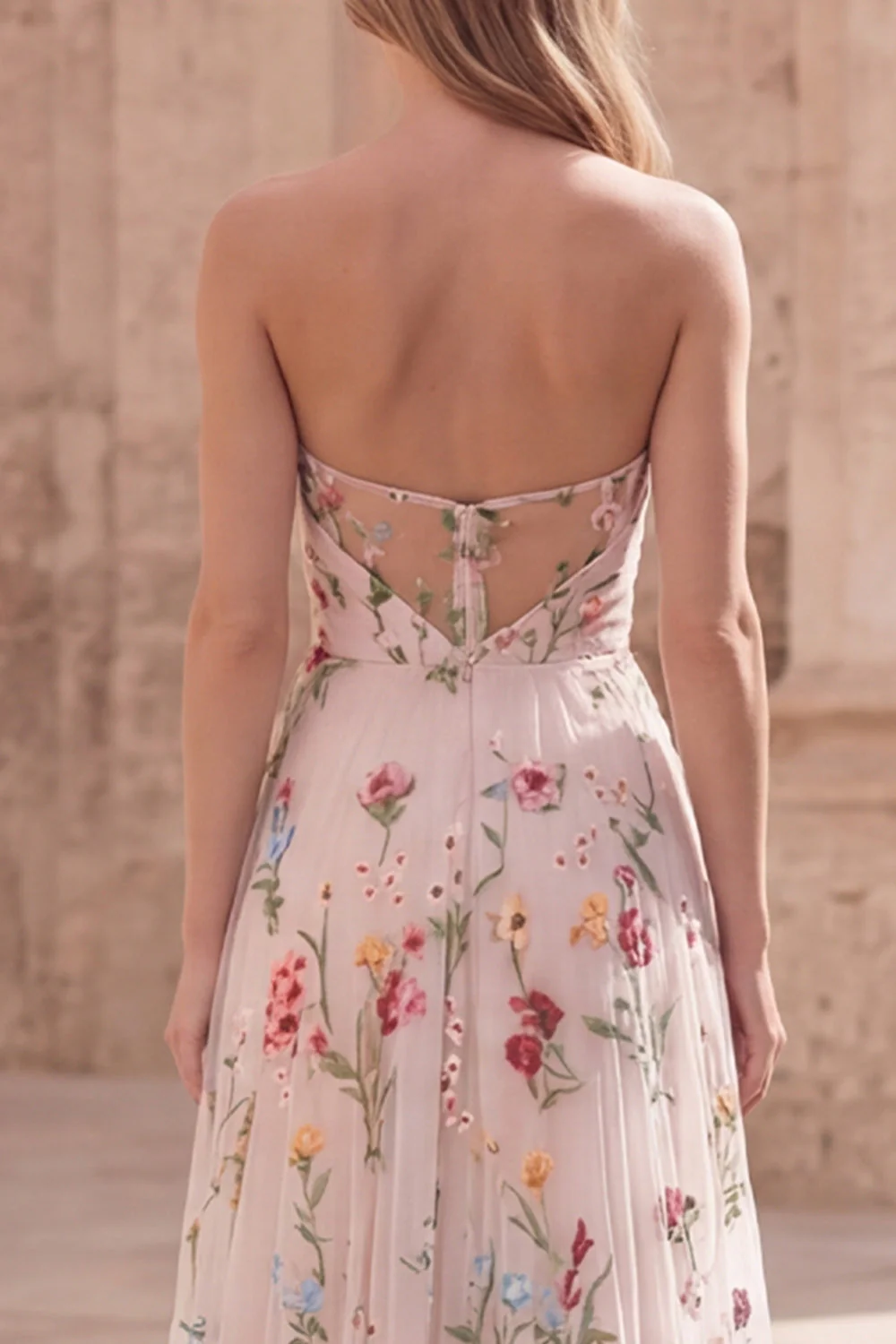 Ivory Floral Strapless A Line Embroidered Long Prom Dress with Slit - Image 5