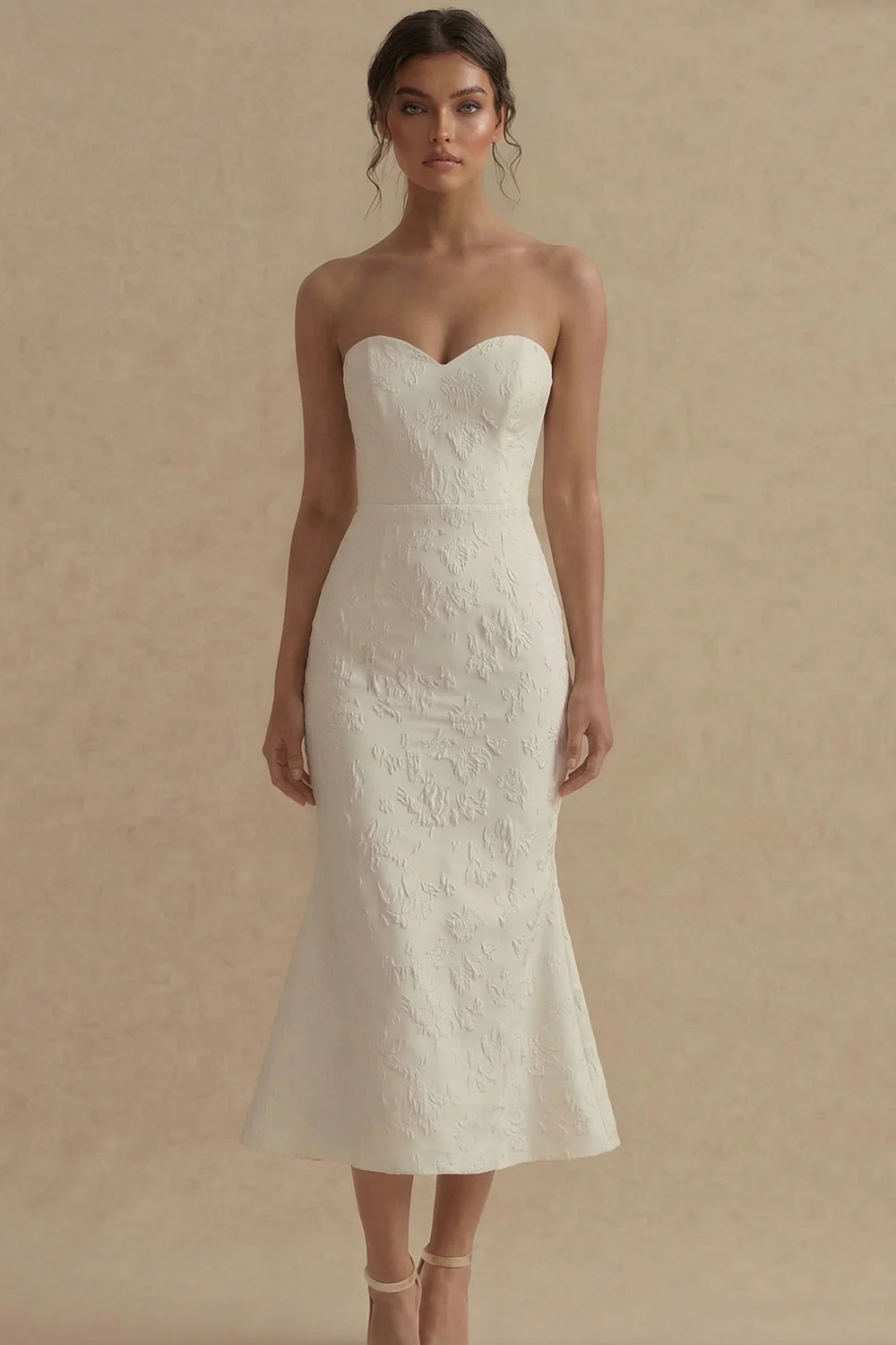 Strapless Jacquard White Mermaid Midi Engagement Dress
