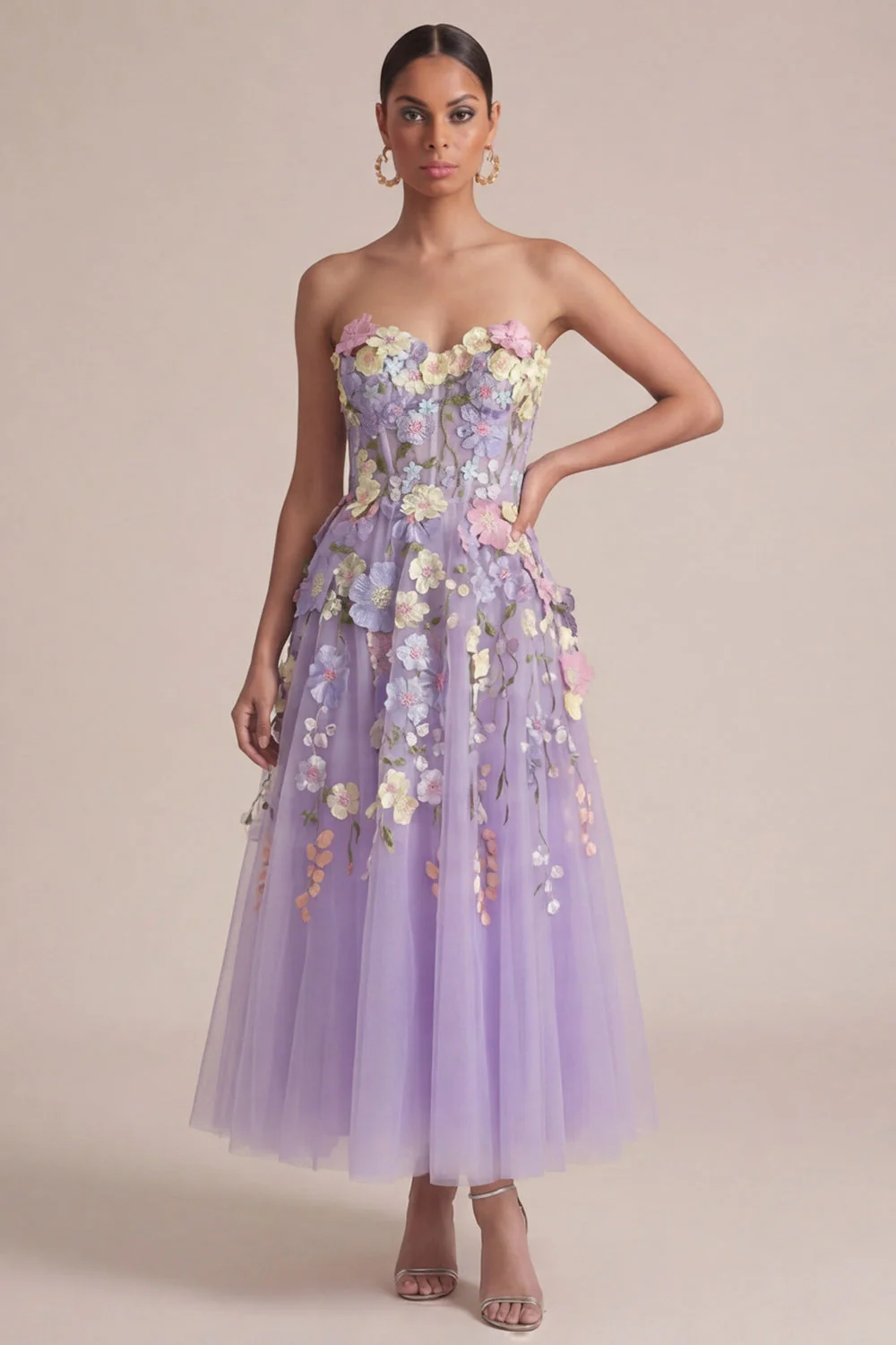 Strapless Lilac A Line Appliqued Corset Midi Dress