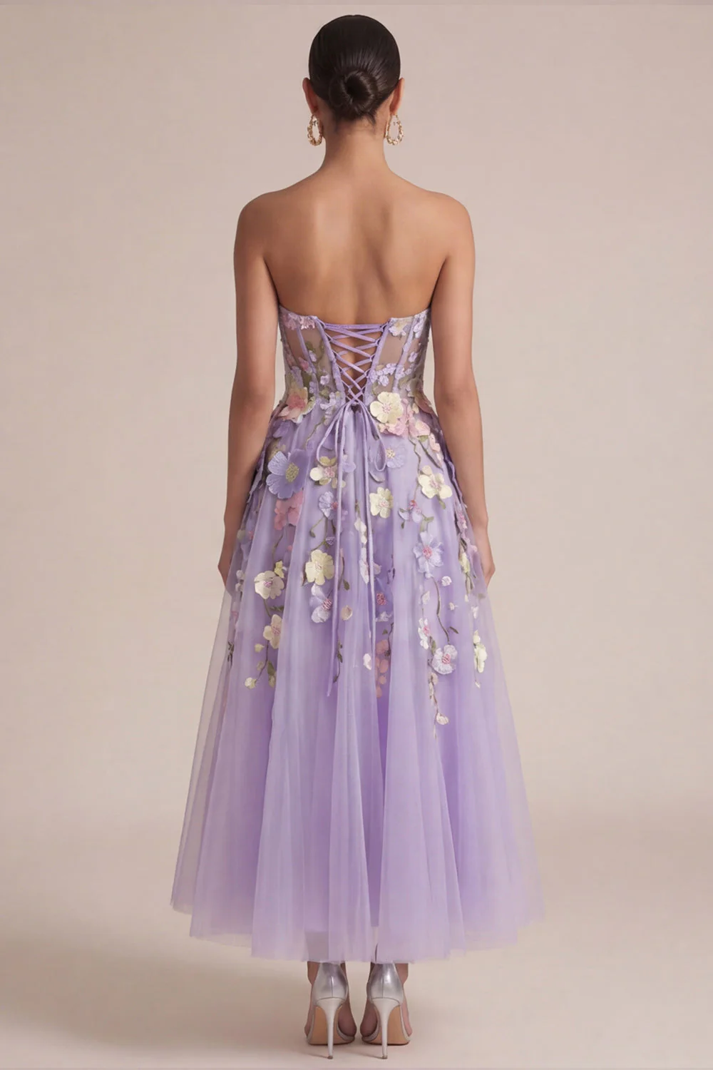 Strapless Lilac A Line Appliqued Corset Midi Dress - Image 2