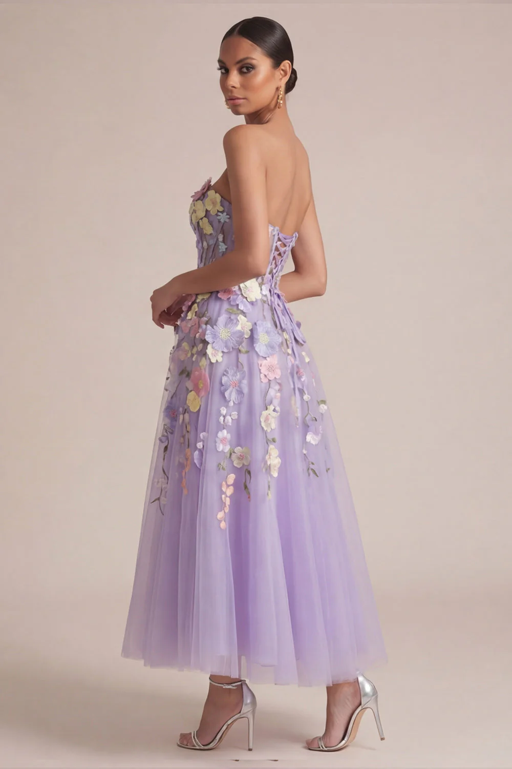Strapless Lilac A Line Appliqued Corset Midi Dress - Image 3