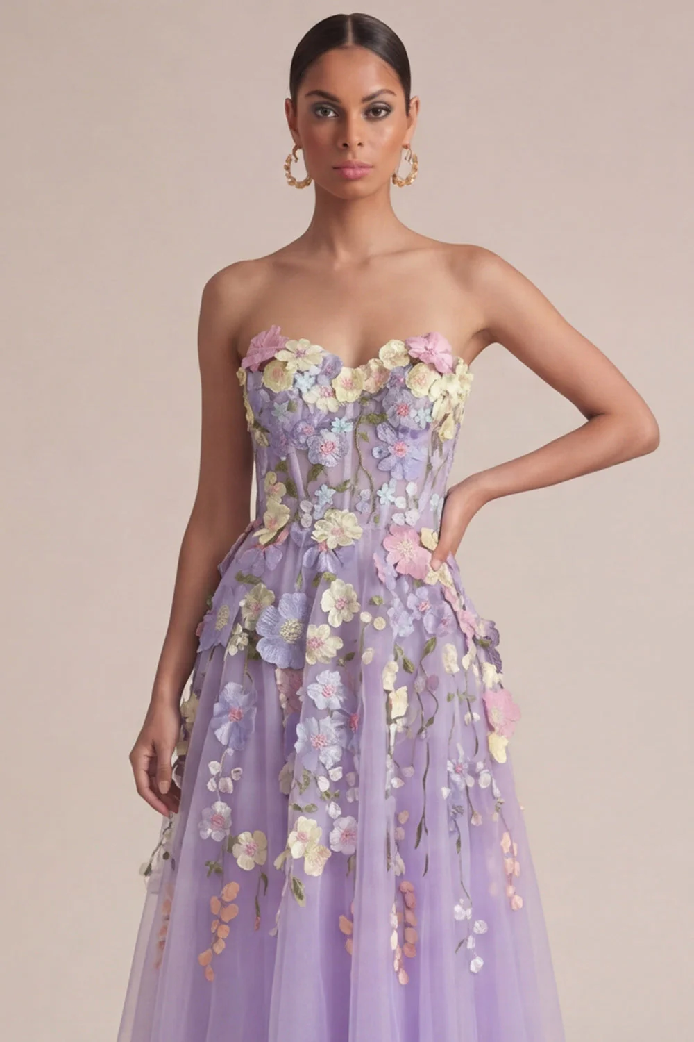 Strapless Lilac A Line Appliqued Corset Midi Dress - Image 4