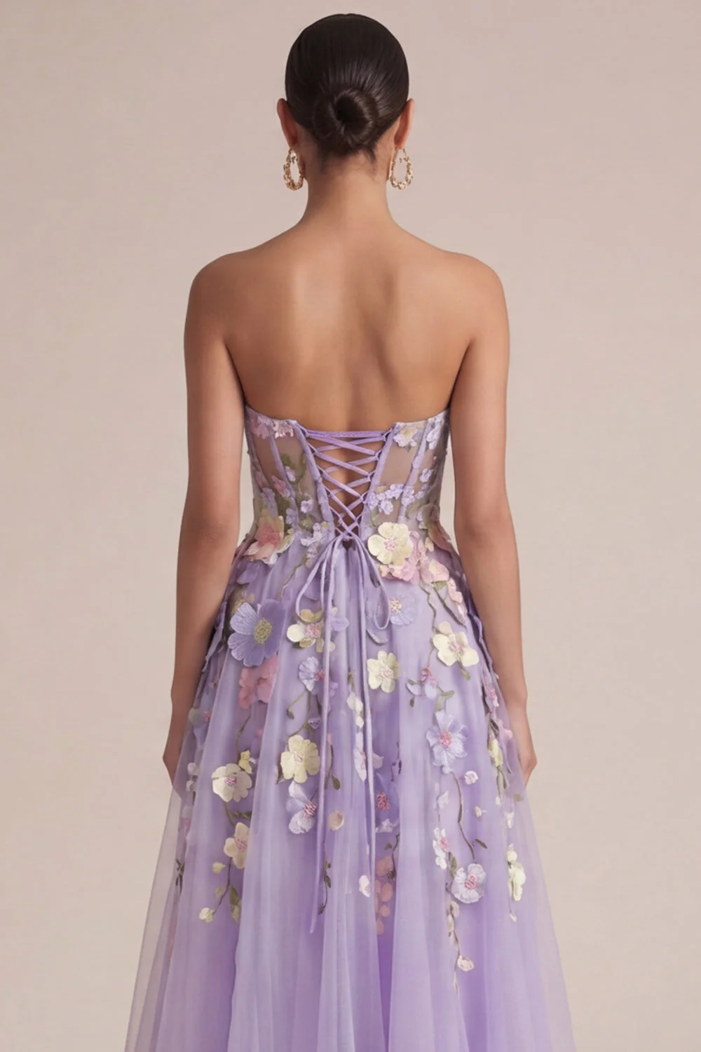 Strapless Lilac A Line Appliqued Corset Midi Dress - Image 5