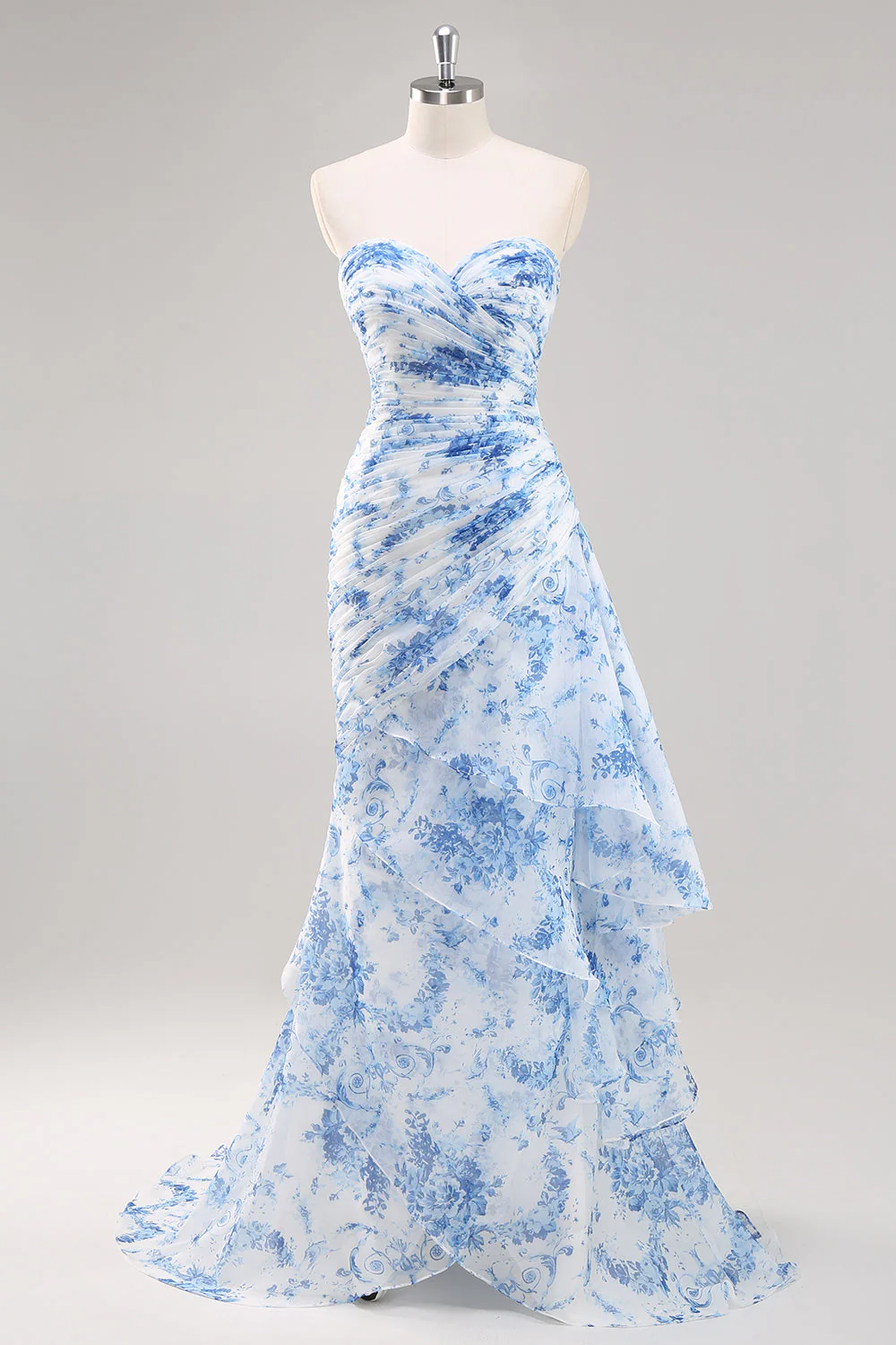 Strapless Mermaid White Blue Floral Prom Dress