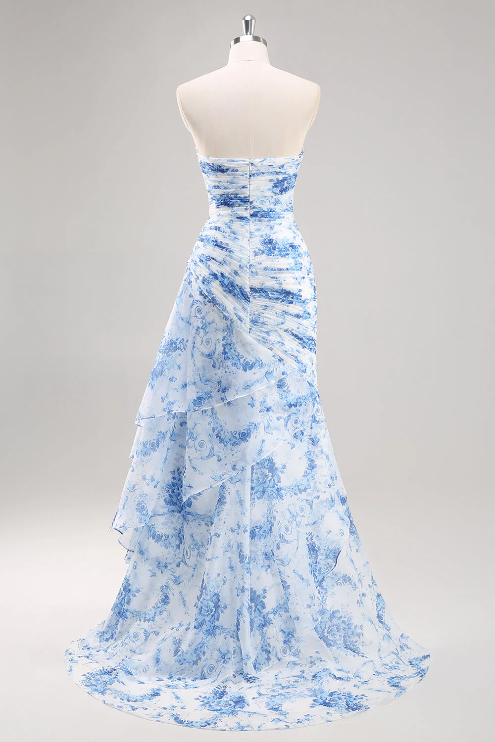 Strapless Mermaid White Blue Floral Prom Dress - Image 2