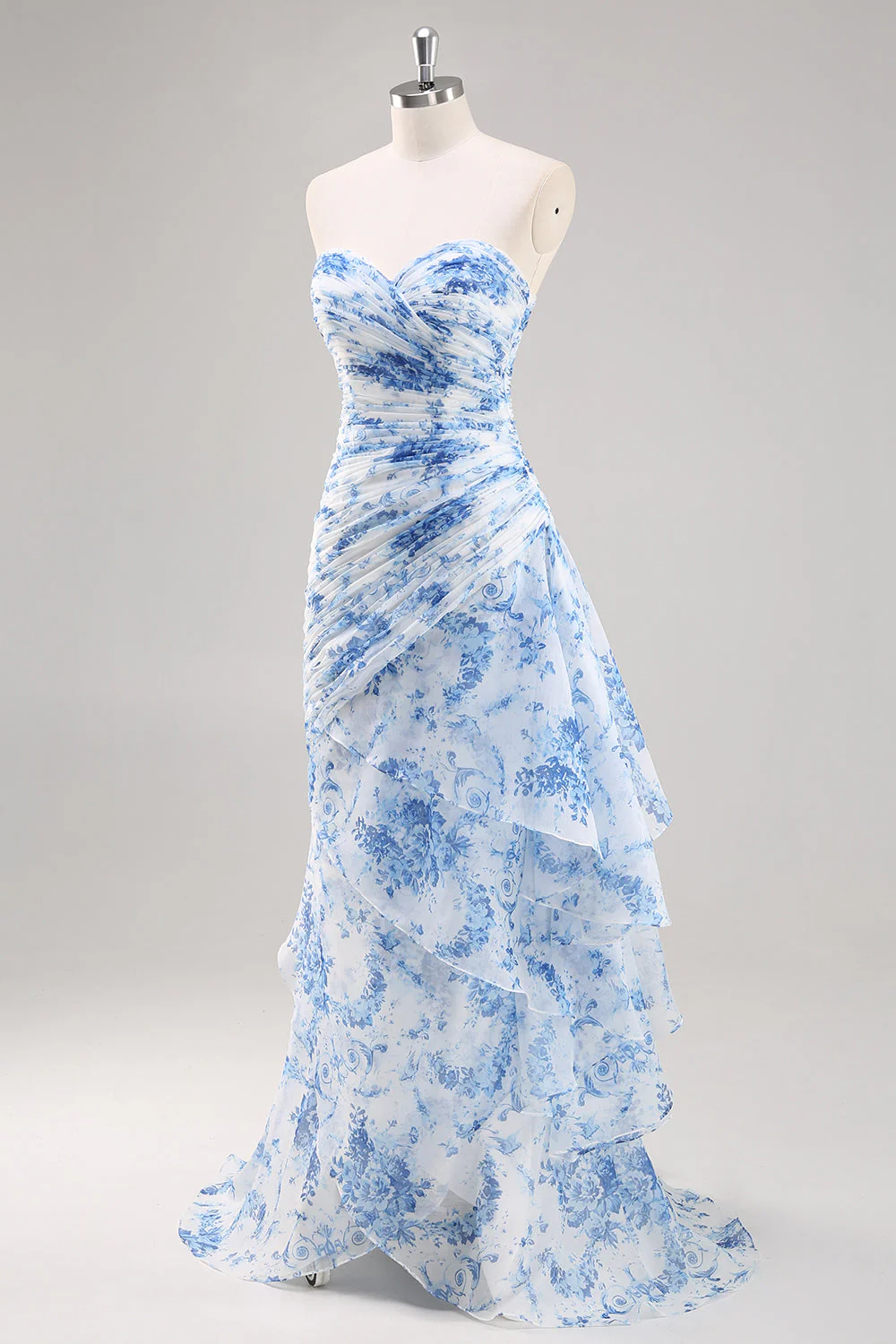 Strapless Mermaid White Blue Floral Prom Dress - Image 3