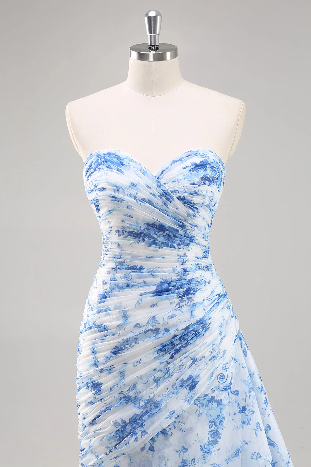 Strapless Mermaid White Blue Floral Prom Dress - Image 4