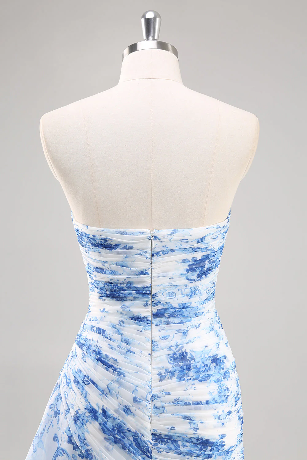Strapless Mermaid White Blue Floral Prom Dress - Image 5