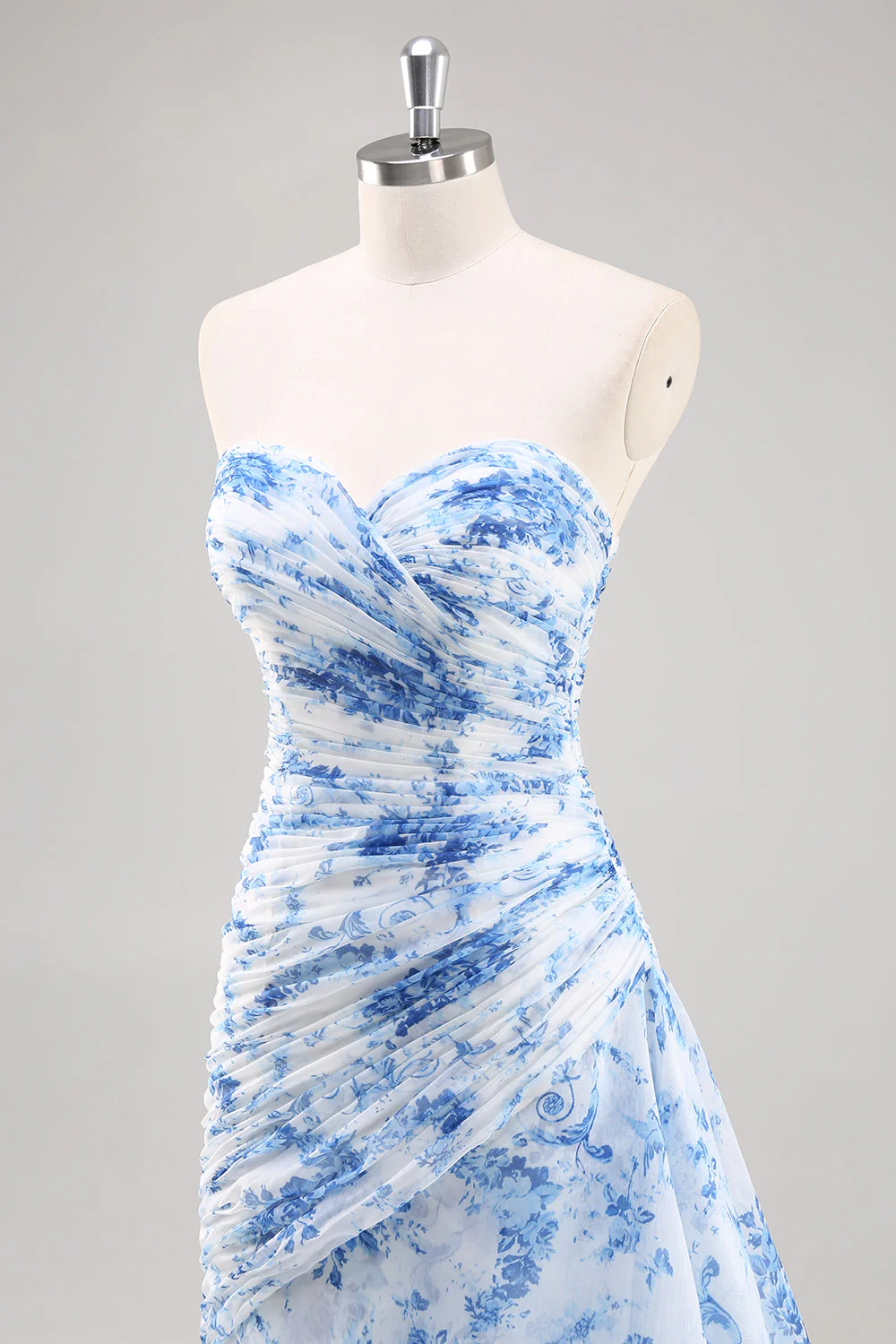 Strapless Mermaid White Blue Floral Prom Dress - Image 6