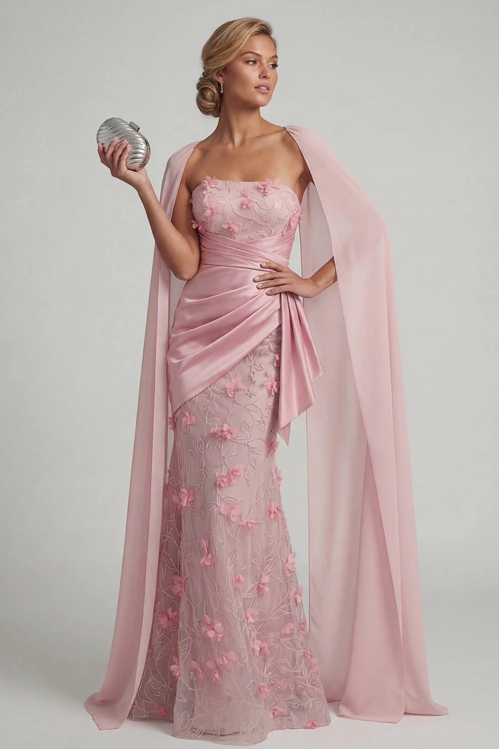 Strapless Pink Mermaid Floral Mother of the Bride Dress with Detachable Cape - Image 3