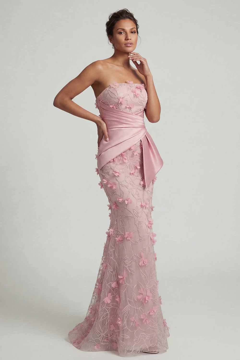 Strapless Pink Mermaid Floral Mother of the Bride Dress with Detachable Cape - Image 4