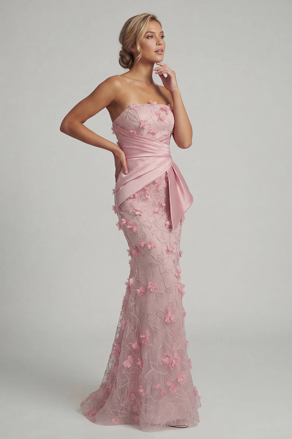 Strapless Pink Mermaid Floral Mother of the Bride Dress with Detachable Cape - Image 6