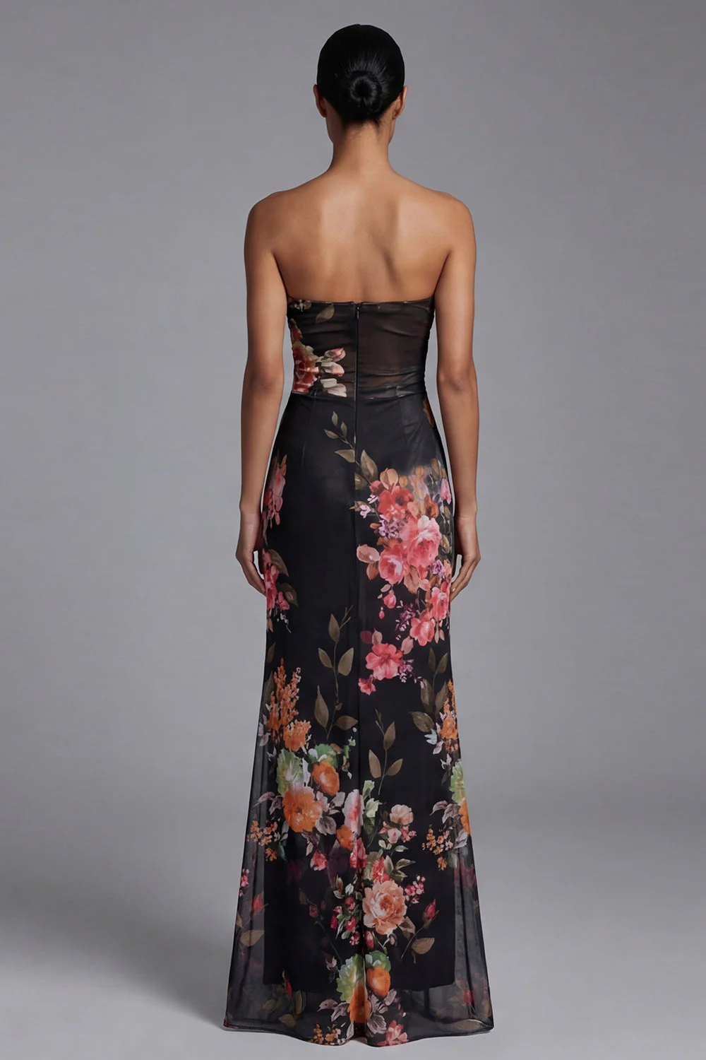 Strapless Printed Cut Out Black Long Floral Dress - Image 2
