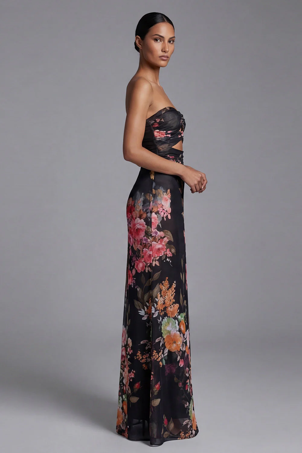 Strapless Printed Cut Out Black Long Floral Dress - Image 3
