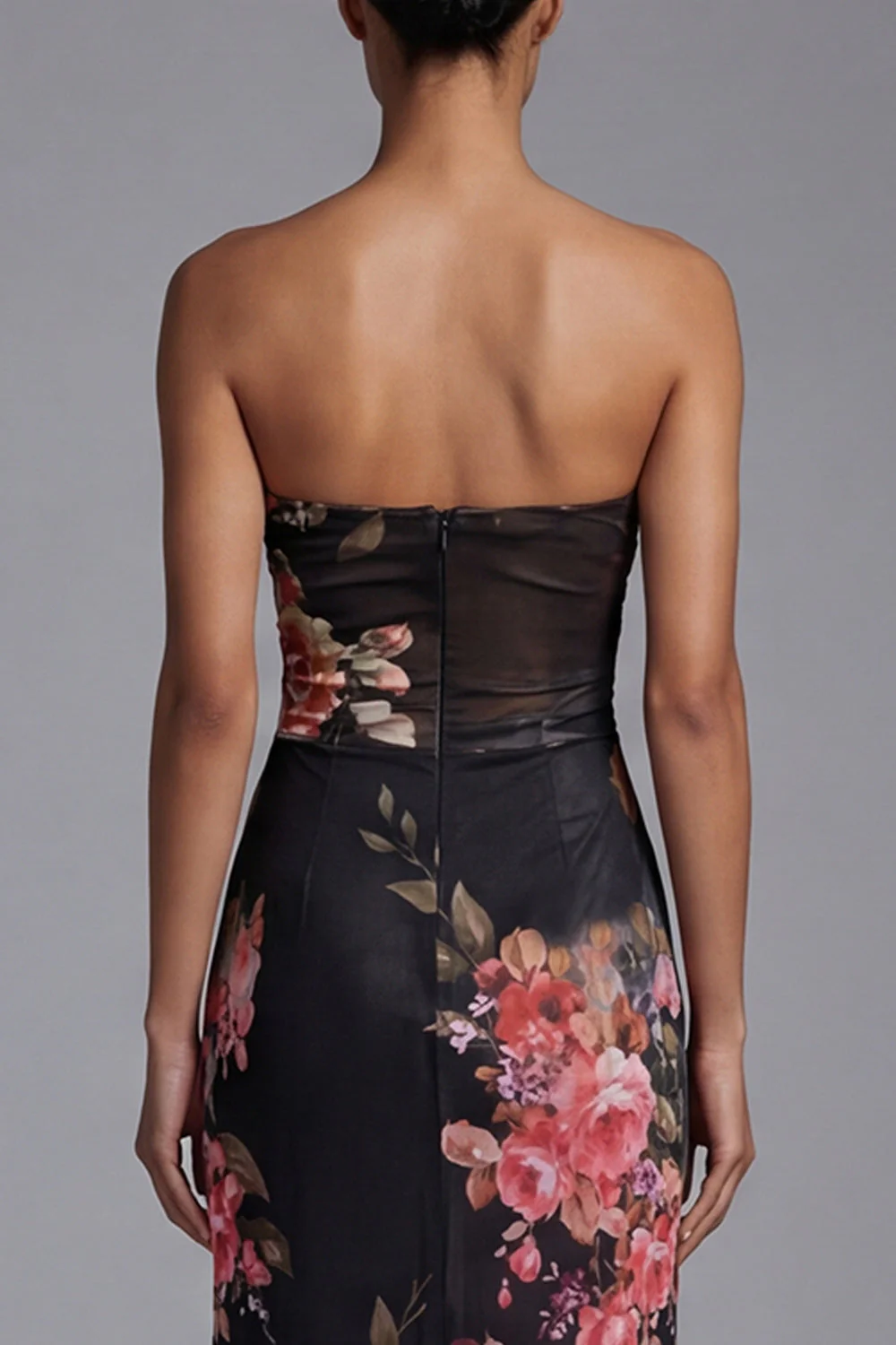 Strapless Printed Cut Out Black Long Floral Dress - Image 5