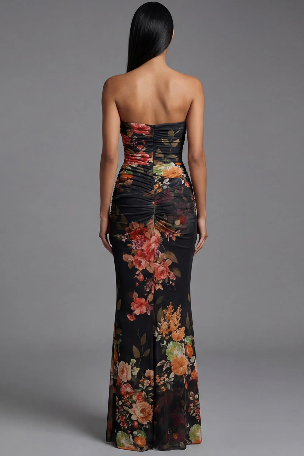 Strapless Ruched Black Mermaid Printed Floral Dress - Image 2