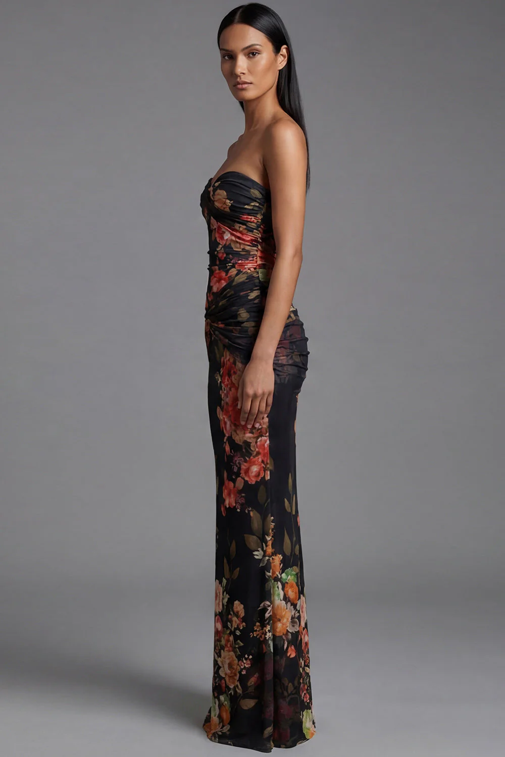 Strapless Ruched Black Mermaid Printed Floral Dress - Image 3