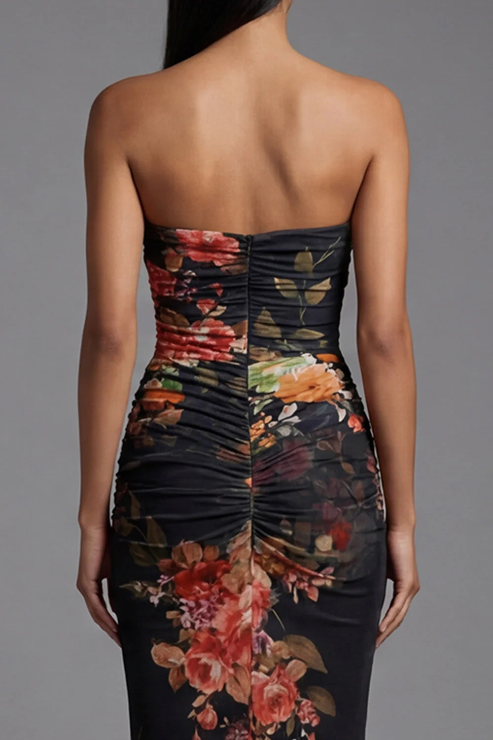 Strapless Ruched Black Mermaid Printed Floral Dress - Image 5