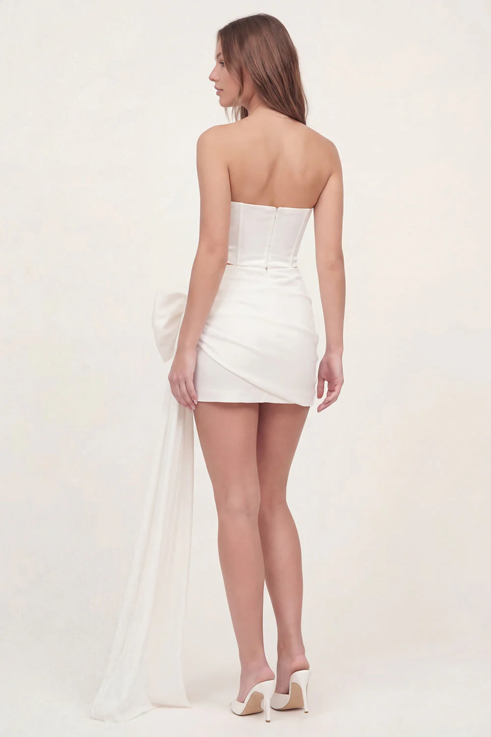 Strapless White Bodycon Corset Mini Dress with Bow - Image 2
