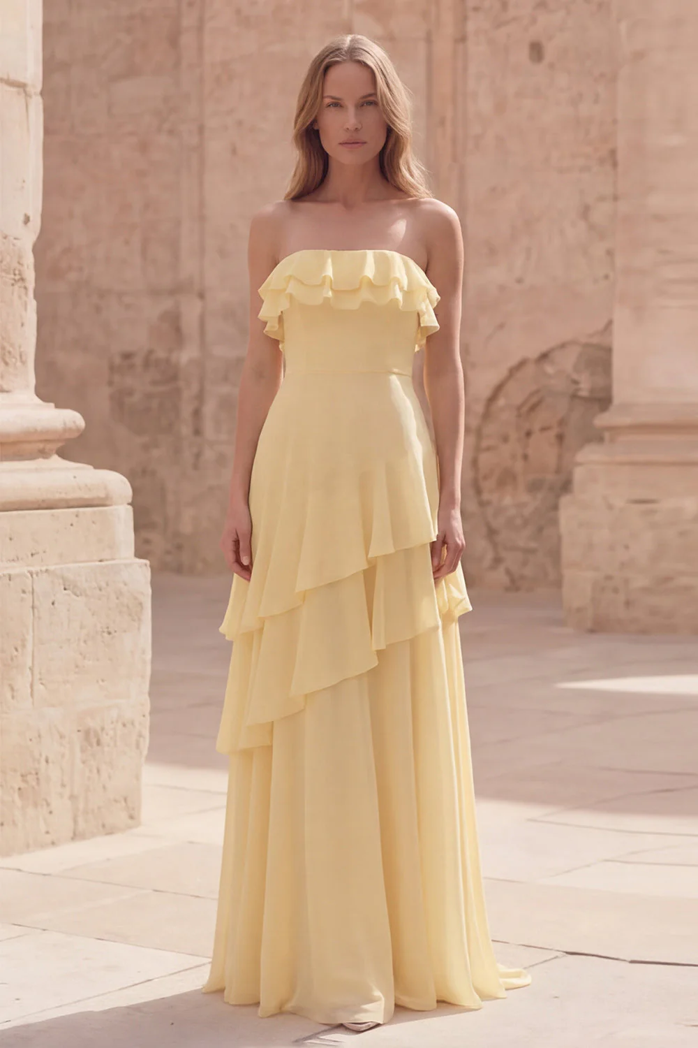 Strapless Yellow A Line Ruffled Long Chiffon Dress